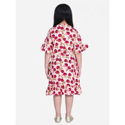 Generic Girl's Polyester Crepe Floral Bell Sleeve Dress (Red-Pink)