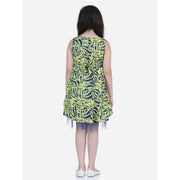 Generic Girl's Polyester Crepe &amp; Net Printed Sleeveless Dress (Yellow-Blue)