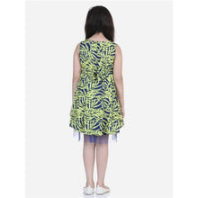 Generic Girl's Polyester Crepe &amp; Net Printed Sleeveless Dress (Yellow-Blue)