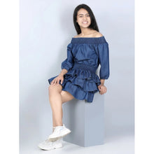 Generic Girl's Denim Solid Off Shoulder Dress (Blue)