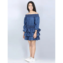 Generic Girl's Denim Solid Off Shoulder Dress (Blue)