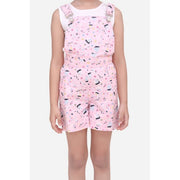 Generic Girl's Inner- Cotton Printed Sleeveless Dungaree (Light Pink)