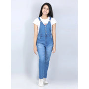 Generic Girl's Denim Solid Buttoned Dungaree (Blue)