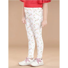 Generic Girl's Cotton Lycra Floral Elasticated Jeggings (White-Green)