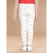 Generic Girl's Cotton Lycra Floral Elasticated Jeggings (White-Green)