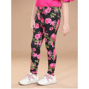 Generic Girl's Cotton Lycra Floral Elasticated Jeggings (Black-Pink)