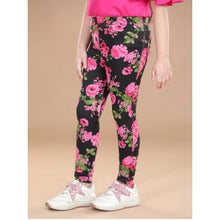 Generic Girl's Cotton Lycra Floral Elasticated Jeggings (Black-Pink)