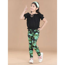 Generic Girl's Cotton Lycra Floral Elasticated Jeggings (Black-Green)