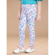 Generic Girl's Cotton Lycra Floral Elasticated Jeggings (White-Turquoise Blue)