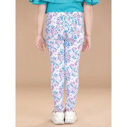 Generic Girl's Cotton Lycra Floral Elasticated Jeggings (White-Turquoise Blue)