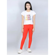Generic Girl's Cotton Lycra Solid Elasticated Jeggings (Orange)