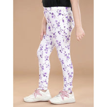 Generic Girl's Cotton Lycra Floral Elasticated Jeggings (White-Lavender)
