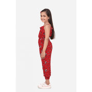 Generic Girl's Rayon Floral Sleeveless Jumpsuit (Red)