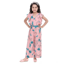 Generic Girl's Rayon Floral Flutter Jumpsuit (Pink-Blue)