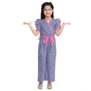 Generic Girl's Cotton Striped Flutter Jumpsuit (Blue-Pink)