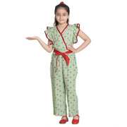 Generic Girl's Rayon Printed Flutter Jumpsuit (Green)