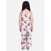Generic Girl's Polyester Crepe Floral Shoulder Straps Jumpsuit (Peach-Red)