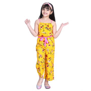 Generic Girl's Polyester Crepe Floral Shoulder Straps Jumpsuit (Yellow-Pink)