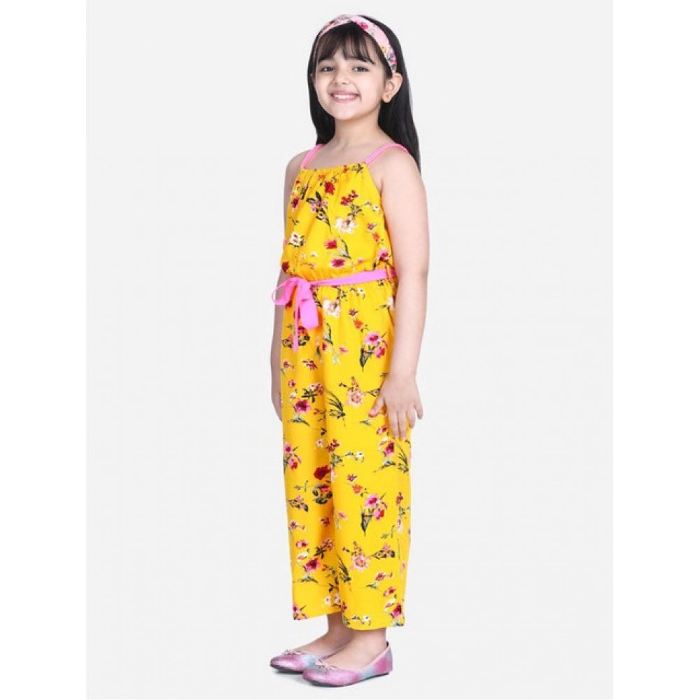 Generic Girl's Polyester Crepe Floral Shoulder Straps Jumpsuit (Yellow-Pink)