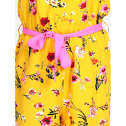 Generic Girl's Polyester Crepe Floral Shoulder Straps Jumpsuit (Yellow-Pink)
