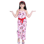Generic Girl's Polyester Crepe Floral Shoulder Straps Jumpsuit (Pink-Red)