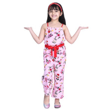 Generic Girl's Polyester Crepe Floral Shoulder Straps Jumpsuit (Pink-Red)