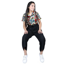Generic Girl's Polyester Printed Short Sleeves Jumpsuit (Multicolor-Black)