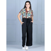 Generic Girl's Polyester Printed Short Sleeves Jumpsuit (Multicolor-Black)