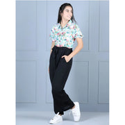 Generic Girl's Polyester Floral Short Sleeves Jumpsuit (Green-Black)