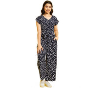 Generic Girl's Polyester Moss Floral Short Sleeves Jumpsuit (Navy-white)
