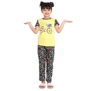 Generic Girl's Cotton Hosiery Printed Night Suit Set (Yellow-Black)