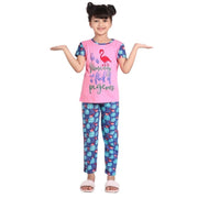 Generic Girl's Cotton Hosiery Printed Night Suit Set (Pink-Blue)