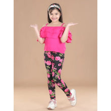 Generic Girl's Cotton Floral Elasticated Jegging and Top Set (Black-Pink)