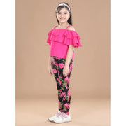Generic Girl's Cotton Floral Elasticated Jegging and Top Set (Black-Pink)