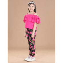 Generic Girl's Cotton Floral Elasticated Jegging and Top Set (Black-Pink)