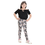 Generic Girl's Cotton Floral Elasticated Jegging and Top Set (Black)