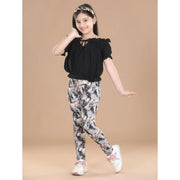 Generic Girl's Cotton Floral Elasticated Jegging and Top Set (Black)
