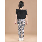 Generic Girl's Cotton Floral Elasticated Jegging and Top Set (Black)