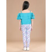 Generic Girl's Cotton Floral Elasticated Jegging and Top Set (Turquoise Blue)