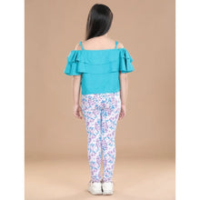 Generic Girl's Cotton Floral Elasticated Jegging and Top Set (Turquoise Blue)