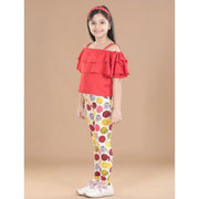 Generic Girl's Cotton Floral Elasticated Jegging and Top Set (Red)