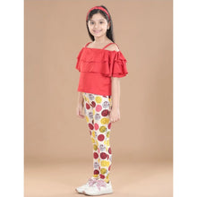 Generic Girl's Cotton Floral Elasticated Jegging and Top Set (Red)