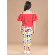 Generic Girl's Cotton Floral Elasticated Jegging and Top Set (Red)