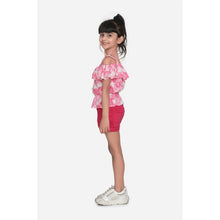 Generic Girl's Cotton Floral Cold Shoulder Top and Shorts Set (Pink-Red)