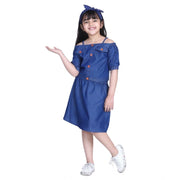 Generic Girl's Denim Solid Cold Shoulder Top and Skirt Set (Navy Blue)