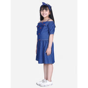 Generic Girl's Denim Solid Cold Shoulder Top and Skirt Set (Navy Blue)