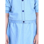 Generic Girl's Denim Solid Cold Shoulder Top and Skirt Set (Light Blue)