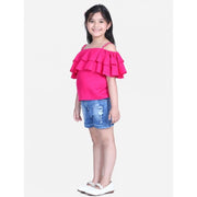 Generic Girl's Rayon Solid Cold Shoulder Top with Shorts (Pink-Blue)