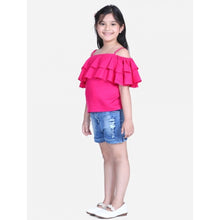 Generic Girl's Rayon Solid Cold Shoulder Top with Shorts (Pink-Blue)
