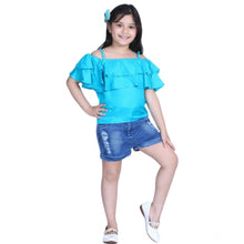 Generic Girl's Rayon Solid Cold Shoulder Top with Shorts (Blue)